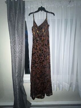 Lulu's Brown Maxi Slip Dress with Floral & Gold Foil Detail